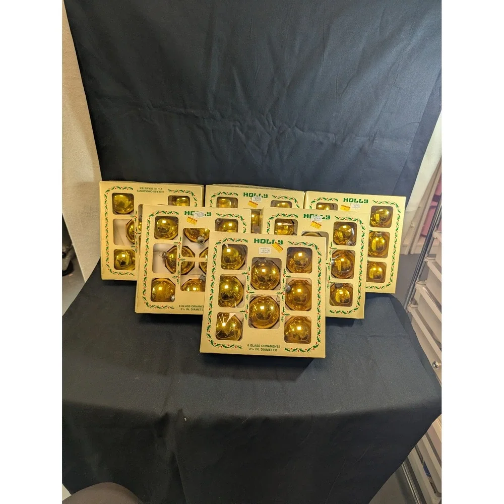 Holly Glass Christmas Ornaments Gold Round Ball 2.25in Set of 6 Boxes 48 Total